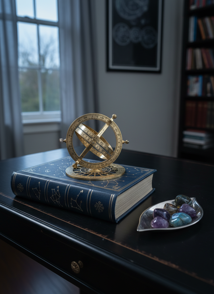 A refined still life of celestial tools: a heavy, dark-blue leather-bound grimoire embossed with subtle silver constellations lies closed on a polished black walnut desk. Atop the book sits a finely crafted brass astrolabe, its interlocking rings etched with precise zodiac symbols and degrees, catching glints of light. Nearby, a thin crescent-shaped silver dish cradles small tumbled stones—amethyst, labradorite, and smoky quartz—each with delicate internal flashes. The desk is positioned beside a tall, narrow window draped with sheer gray curtains, letting in cool, diffused twilight that reflects faintly off the astrolabe. Background details include a blurred, framed star map and the faint outline of a bookshelf. Photographic realism, shot at a three-quarter angle with moderate depth of field, evoking an atmosphere of disciplined, elegant occult study.