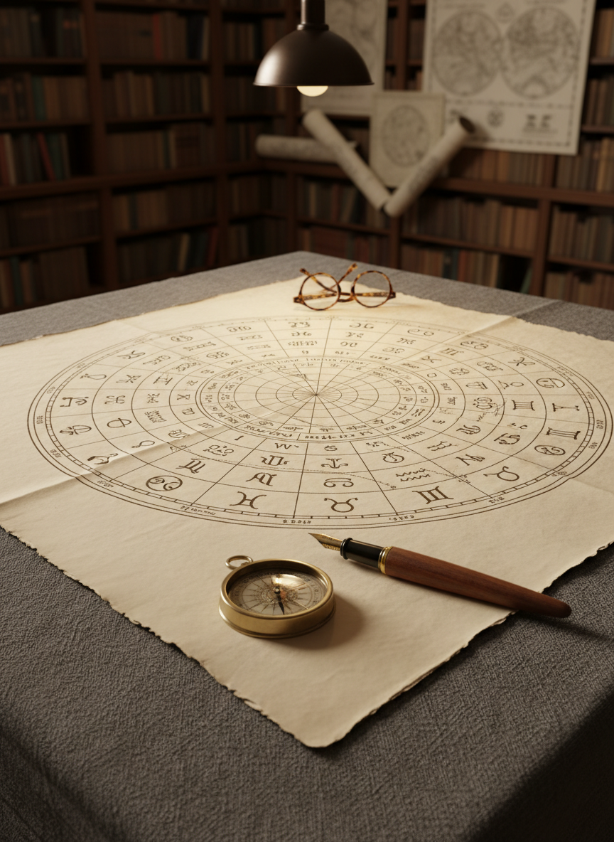 A large, antique-looking astrological natal chart printed on heavy, cream-colored paper with deckled edges, spread flat across a charcoal linen-covered table. Intricate circular glyphs, fine ink lines, and handwritten annotations in sepia ink form a complex celestial mandala. A polished brass compass and a weighty fountain pen rest near the chart’s edge, while a thin pair of tortoiseshell reading glasses lies folded farther back. Soft overhead pendant lighting, warm and diffused, creates gentle highlights on the metallic compass and subtle shadows in the chart’s creases. The background shows an out-of-focus library of dark wood shelves and star maps pinned to the wall. Photographic realism, composed from a slightly elevated angle with crisp focus on the chart’s center, evoking an atmosphere of scholarly divination and refined, intellectual mysticism.