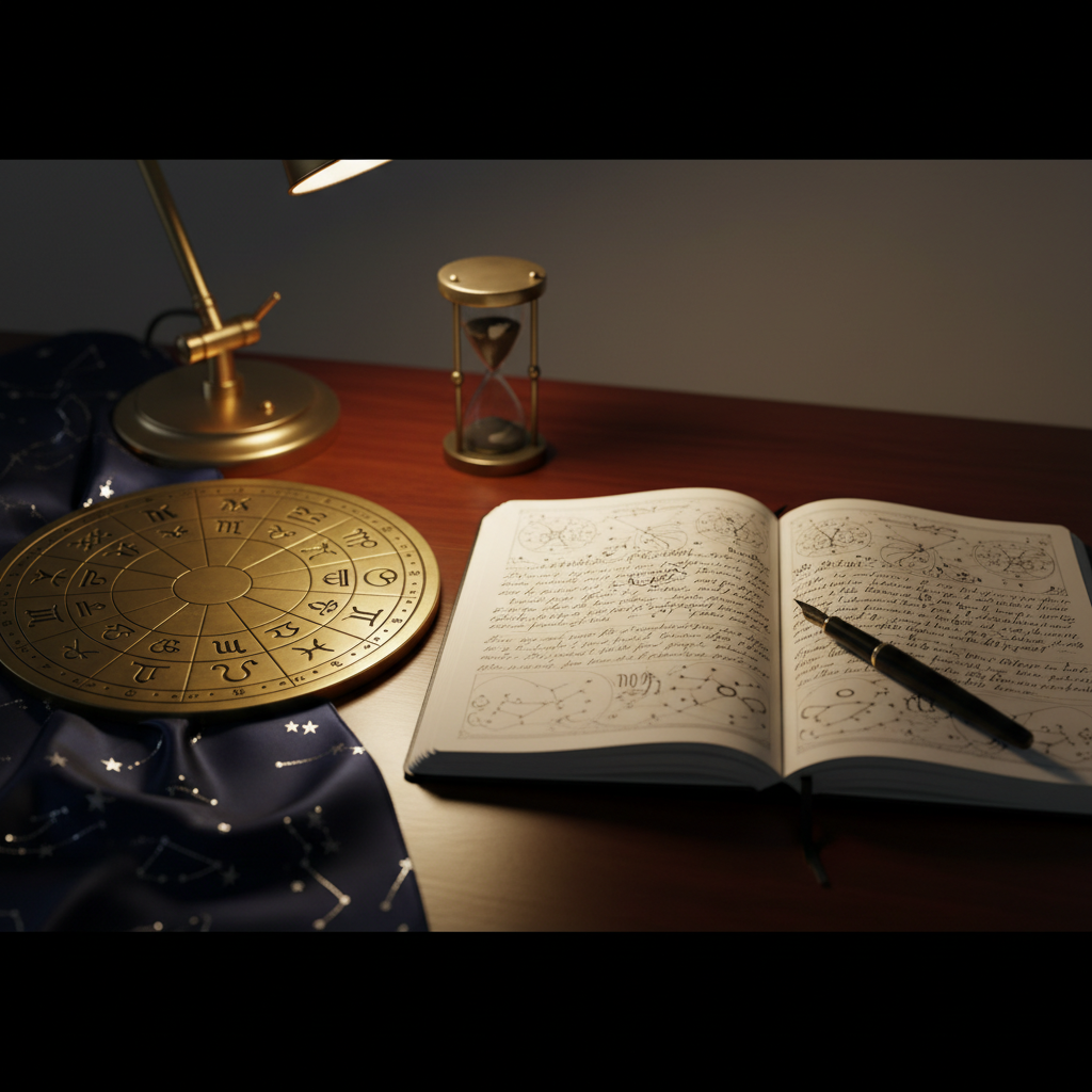 A mysterious, high-end writing desk dedicated to crafting horoscopes and auguries: a deep mahogany surface holds an open notebook with thick, ivory pages filled with neat, looping handwriting and intricate planetary glyphs. A slender, matte-black fountain pen rests diagonally across the page. To the side, a circular brass zodiac wheel, finely engraved, lies partially atop a folded midnight-blue silk cloth printed with faint silver stars. A small hourglass with obsidian sand stands near the back edge. The scene is lit by warm, focused task lighting from a modern brass desk lamp, producing a pool of golden light in the center and leaving the periphery in soft shadow. Photographic realism, eye-level composition with the notebook in sharp focus, creates an atmosphere of quiet, deliberate interpretation of the gods’ language through writing.