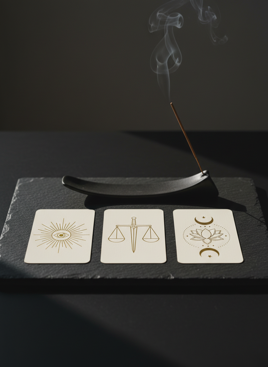 A minimalist tarot spread of three cards laid out in a clean row on a smooth black stone slab, each card illustrated with modern, abstract gold line art of archetypal symbols against matte ivory backgrounds. A slender, matte-black ceramic incense holder rests at the top of the frame, a single stick smoldering and releasing a fine ribbon of smoke that curls upward and diffuses. The scene is set in a dim room illuminated by a single unseen side lamp, casting dramatic, angled light that creates sharp card shadows and delicate highlights along the stone’s edges. The background fades into deep charcoal blur. Photographic realism, captured from a slightly overhead angle with tight framing, creating a sophisticated, enigmatic atmosphere suited to introspective, non-dogmatic readings.