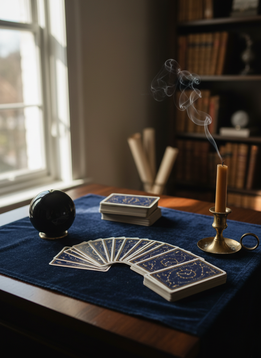A meticulously arranged tarot altar on a deep indigo velvet cloth, featuring a single, ornate tarot deck fanned in a gentle curve, card backs displaying a subtle constellation pattern in gold foil. Beside it rests a black obsidian sphere and a slender brass candleholder with a freshly extinguished beeswax candle, a wisp of smoke curling upward. The setting is atop a dark walnut table near a tall window, with late-afternoon natural light casting soft, angled beams that pick up the metallic details. The background is softly blurred shelves of leather-bound books and astrological charts. Photographic realism, shot at eye level with a shallow depth of field, creating an atmosphere that feels sophisticated, contemplative, and quietly magical, like a study devoted to decoding divine language without any human presence.